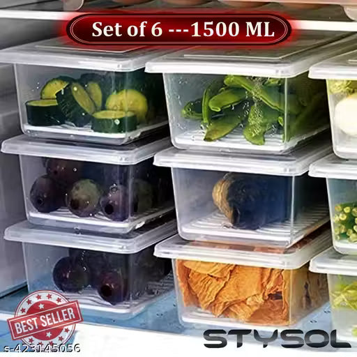 Premium Stackable Fridge Storage Containers (6-Piece Set) – 1500ML Fresh-Keeping Organizers with Water Filter Drain Plate